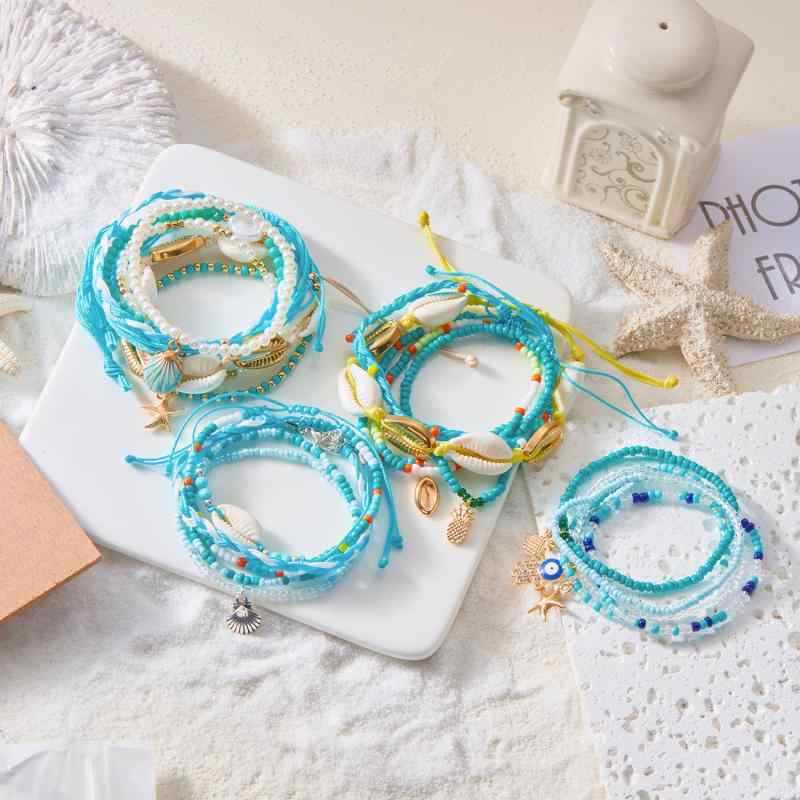 Turquoise - ブレスレット セット ボヘミアン ボヘミアンスタイル 菓子パイン柄 星形 海星モチーフ ハンドパームデザイン 悪魔の目 レイヤード 多層 米粒ビーズ 編み込み 軽量 普段使い カジュアル シルバーアクセント 女性用 アクセサリー 夏向け