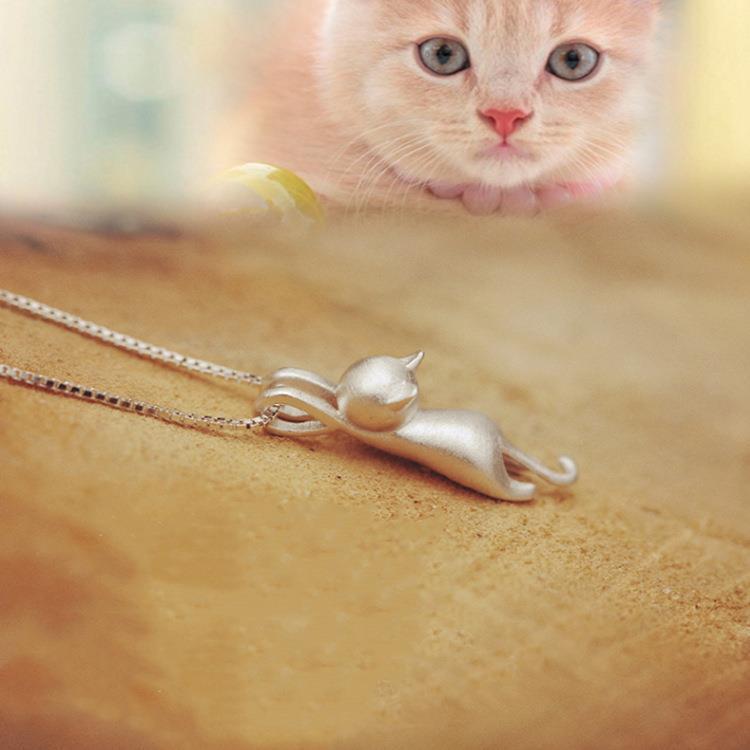 Coral Pink - レディース ネックレス 925シルバー 磨き加工 立体 かわいい 猫モチーフ 猫耳 鎖骨チェーン アクセサリー シンプル 日常使い シルバーアクセ