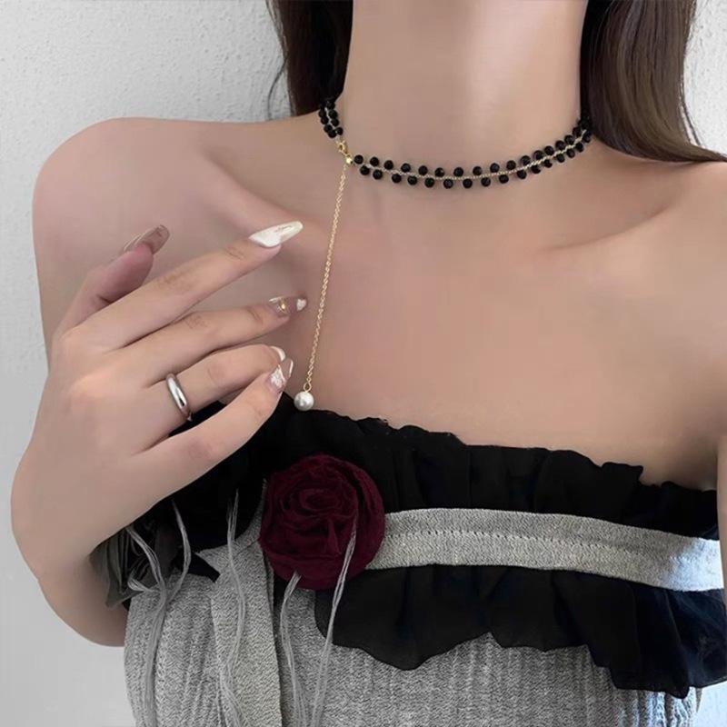 Other - ネックレス 女性用 黒水晶 真珠 軽量 高級感 ファッション デザイン かわいい 気質 アクセサリー 普段使い 通勤 シルバー加工 細身 チェーン シンプル ブラック ピンク系 アイボリー 接触冷感 再生繊維 軽やか 洗練