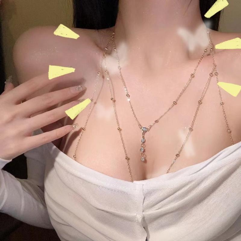 Cubic Zirconia - ネックレス 女性用 チェーン ボディチェーン チェストチェーン ドロップ フリンジ フラワー モチーフ ジルコニア 装飾 ゴールド加工 華やか レイヤード 普段使い アクセサリー