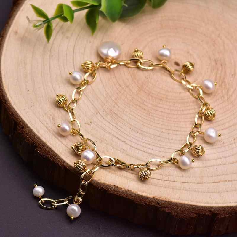 팔찌 - ブレスレット 女性用 天然淡水パール 個性派 メタル調 ハンドメイド アクセサリー かわいい 普段使い 軽量 シンプル シルバー系