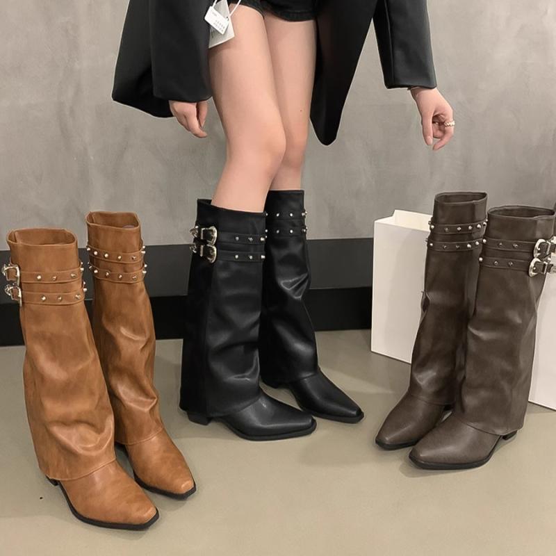 Suspenders - ブーツ 女性用 デザイン性 美式 ガール 復古 スタッド ライダース スリム ロング ショート 小柄向け サイドジップ 秋冬 ストレッチ 防水 軽量 ブラック ブラウン コーデュロイ ラバーソール スタイリッシュ 足元おしゃれ 普段使い 秋冬コーデ