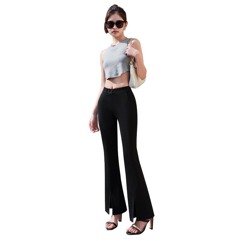 Capri Pants - パンツ レディース 春夏 高腰 スリムフィット ファッション 百搭 スリット ワイドレッグ ゆったりパンツ コットン ストレッチ 吸湿速乾 通勤 普段使い ブラック 快適 軽量 女性用 ビジネス カジュアル
