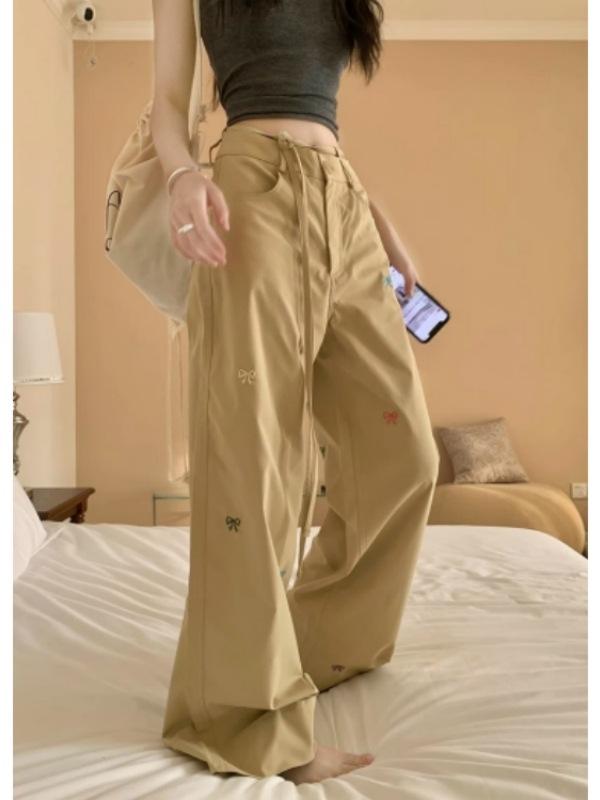 パンツ レディース 春夏 個性派 蝶結び 復古 ワークパンツ ゆったり ワイドレッグ ハイウエスト ベルト付き ロング丈 軽量 綿素材 通勤 普段使い カジュアルスタイル