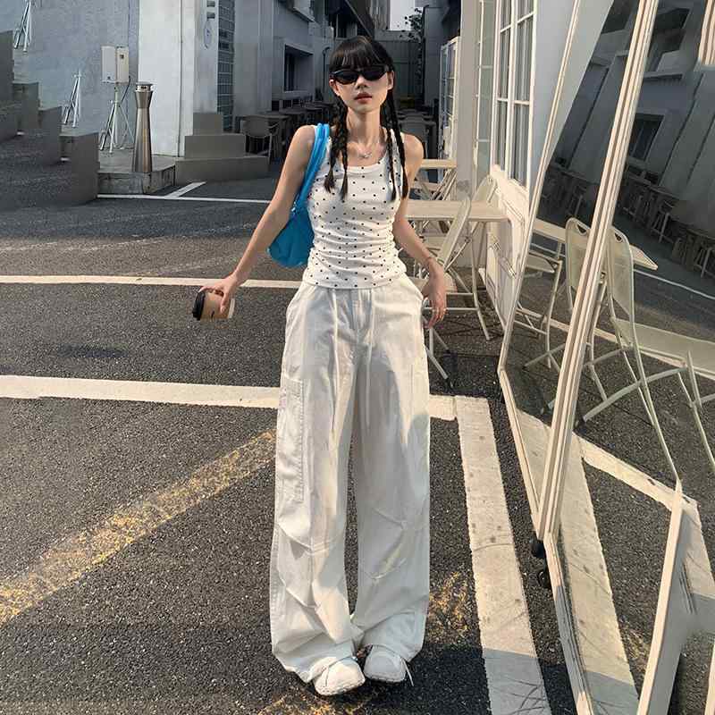 樂天商城 - パンツ 女性用 春夏 アメリカン ビンテージ ドローストリング ワイドレッグ ワークパンツ 高腰 ゆったり テーパード ストレート シルエット カジュアル デニム 素材 軽量 伸縮性 吸湿速乾 通勤 普段使い アウトドア ブラック グレー ベージュ