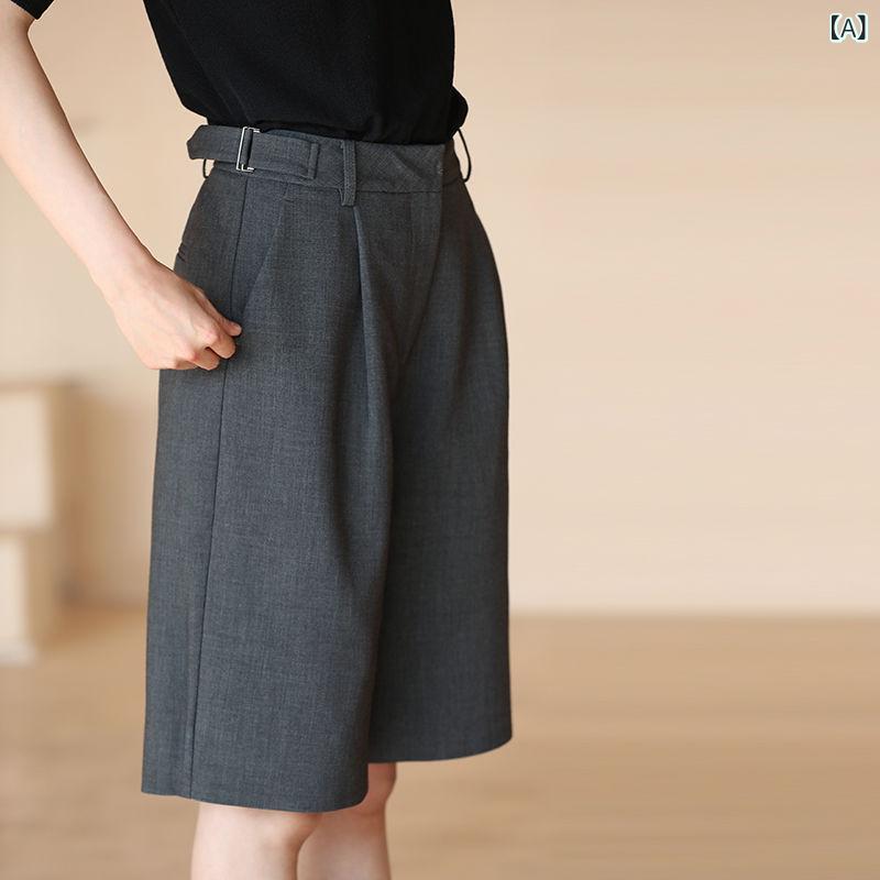 Rakuten - レディース 半分丈 ワイドレッグ スーツ ショーツ 垂感 ゆったり スリム 調整可能 女性用 潮 春夏 軽量 綿混 ブラック ピンク系 通勤 普段使い カジュアル