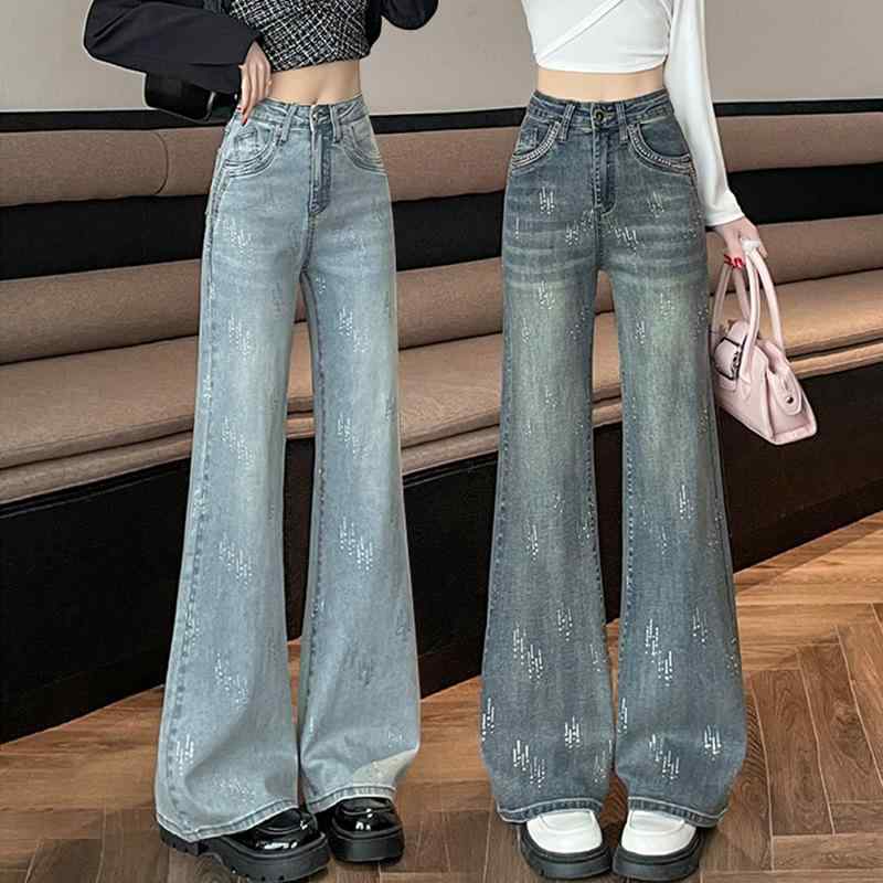 樂天商城 - デニムパンツ 女性用 ハイウエスト ワイドレッグ ロングパンツ 水洗い加工 ストレートシルエット ゆるフィット ラッパー スリム効果 コットン素材 軽量 通勤 普段使い 秋冬 カジュアルスタイル ブラック ブルー系 デイリーコーデ 伸縮性 快適
