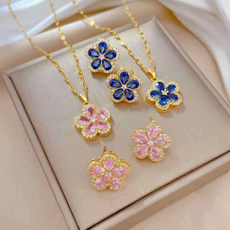 Women's Jewelry Set: Floral Motif Necklace and Earrings - Lightweight, Unique, Elegant, and Luxurious - Silver Tone - Perfect for Parties, Events, and Formal Occasions.