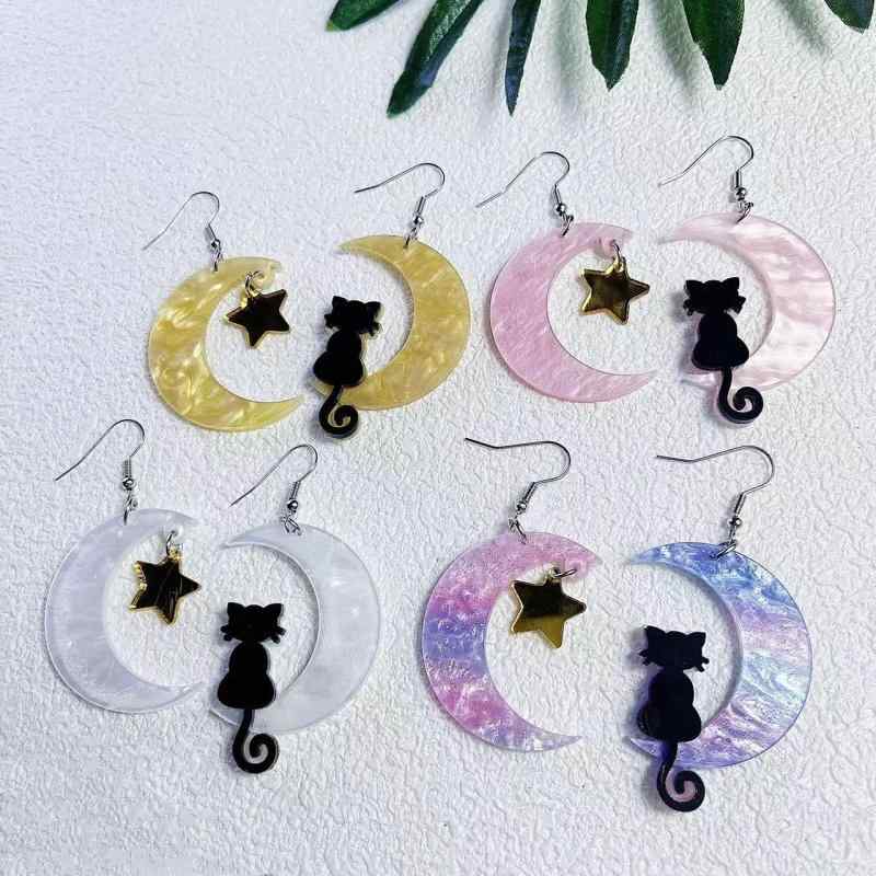 Rubellite - アクリル 耳飾り 猫 モチーフ ピアス 吊り下げ タイプ かわいい デザイン 月 モチーフ 猫 ハート モチーフ 歯車 モチーフ 猫 個性 アクセサリー 軽量 透明感 ファッション アイテム ギフト 向き
