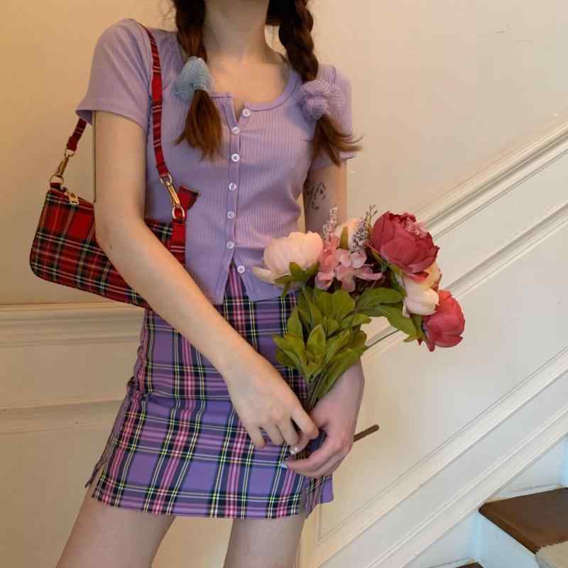 樂天商城 - スカート レディース 夏 春夏 学院 JK 高腰 スリム サイドスリット チェック柄 パープル 紫色 Aライン 膝丈 ミモレ丈 百搭 普段使い カジュアル 軽量 伸縮性 綿混 再生繊維 ハイウエスト ビッグシルエット スリムフィット 女性用 ガールズ