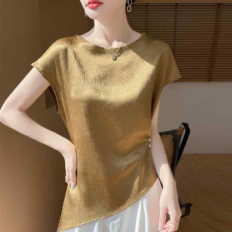 Tシャツ 女性用 春夏 法式 綿サテン ラウンドネック 短袖 トップス ビッグシルエット 不規則 ベーシック 色 インナー 軽量 吸湿速乾 通勤 普段使い カジュアル ブラック ホワイト ピンク アイボリー
