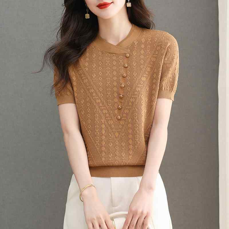 トップス 女性用 ファッション かわいい 軽量 薄手 透気性 コットン混 半袖 Tシャツ ニット セーター カーディガン シンプル デザイン ベーシック スタイル 日常使い 伸縮性 柔らかい 素材 ゆったり シルエット Vネック クルーネック モノトーン