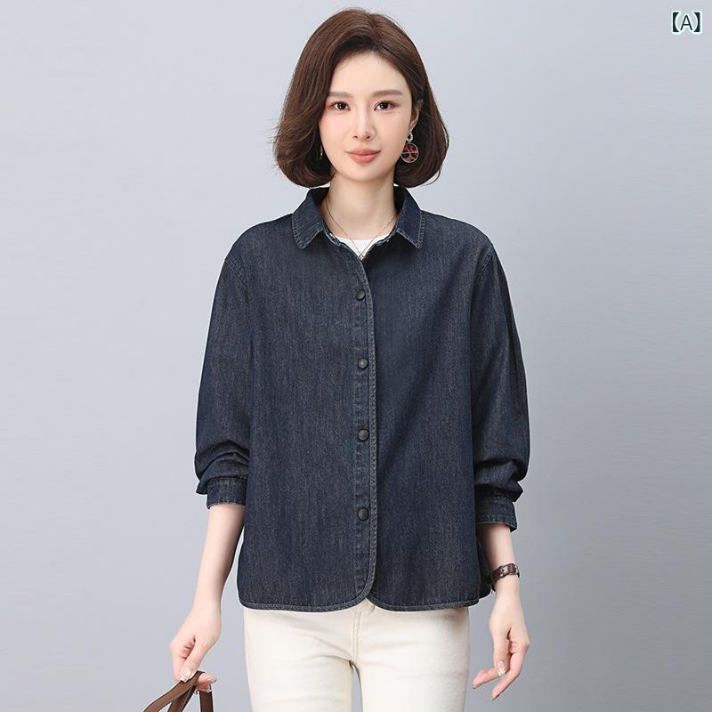 リバーパディのシャツ レディース デニムシャツ アウター ジャケット トップス 婦人服 カジュアル 普段使い 春秋 長袖 上衣 襟付き ボタン 羽織り 前開き 体型カバー 着痩せ 細見え お腹周り 大きいサイズ ゆったり スタイリッシュ ベーシック シンプル 無地 ブ｜アングル2