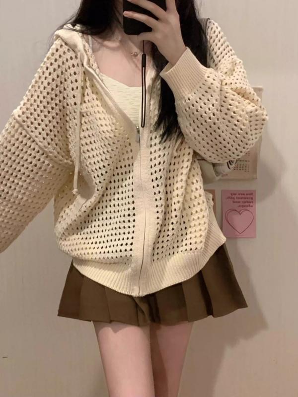 春夏 女性用 防紫外線 トップス 空気抜き スリム ベージュ ニット カーディガン アウター 薄手 フード付き ジップ スウェット シャツ 吸湿速乾 軽量 綿混 トップス 普段使い
