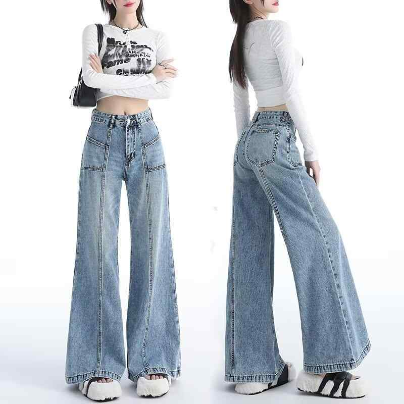 Capri Pants - デニムパンツ 女性用 春夏 ブルー 復古 ノンストレッチ フレア 切り替え スリム効果 垂れ感 ロング丈 ラグジュアリー ストレッチ性 通勤 普段使い 軽量 デニム素材 ハイウエスト ビッグシルエット アイボリー