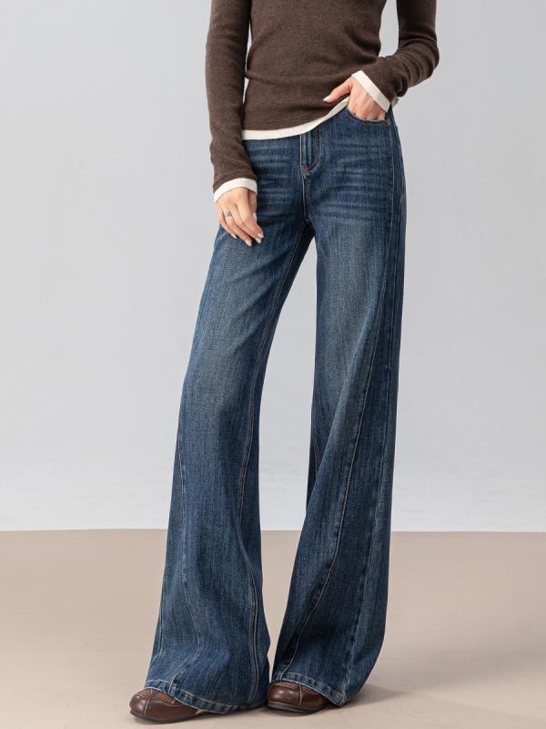 Capri Pants - パンツ レディース 秋冬 デニム ワイドパンツ ハイウエスト ゆったり ビッグシルエット 切り替え スリム ロング丈 ストレッチ コットン 混紡 普段使い 通勤 カジュアル スタイル