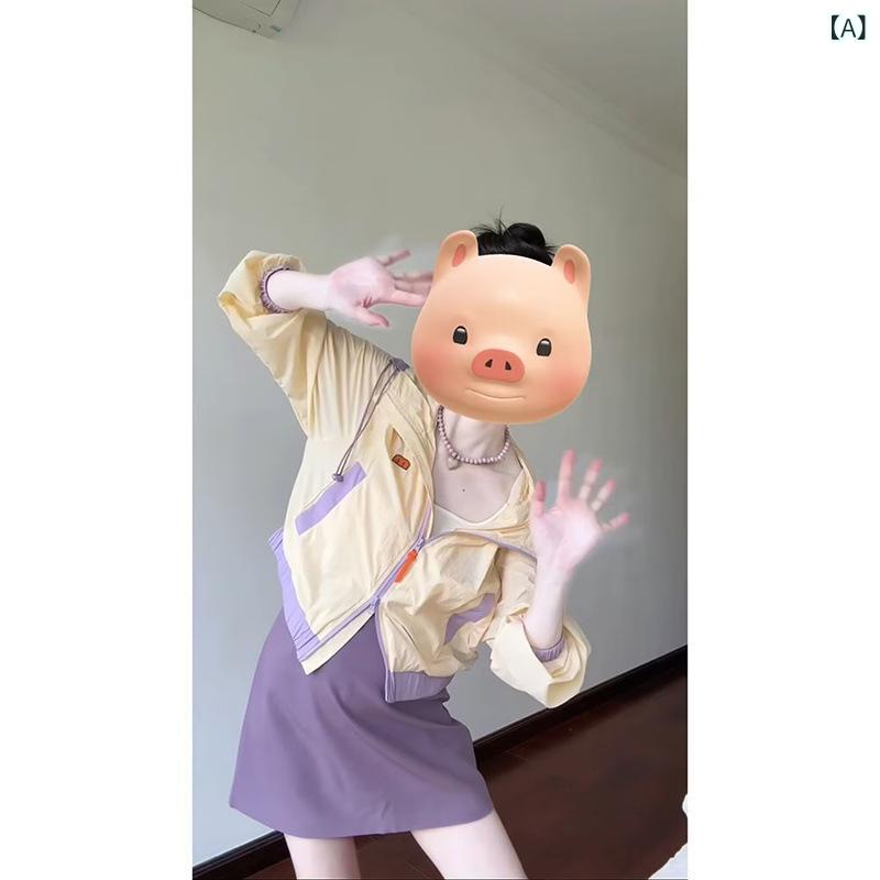 乐天商城 - レディース 春夏 セットアップ ダブルカラー フード 防晒 ジャケット トップス ハイウエスト スリム ミニスカート 軽量 吸湿速乾 切り替え カジュアル 普段使い 通勤用 ブラック ピンク系 アイボリー 再生繊維 素材 伸縮性 快適 ビッグシ