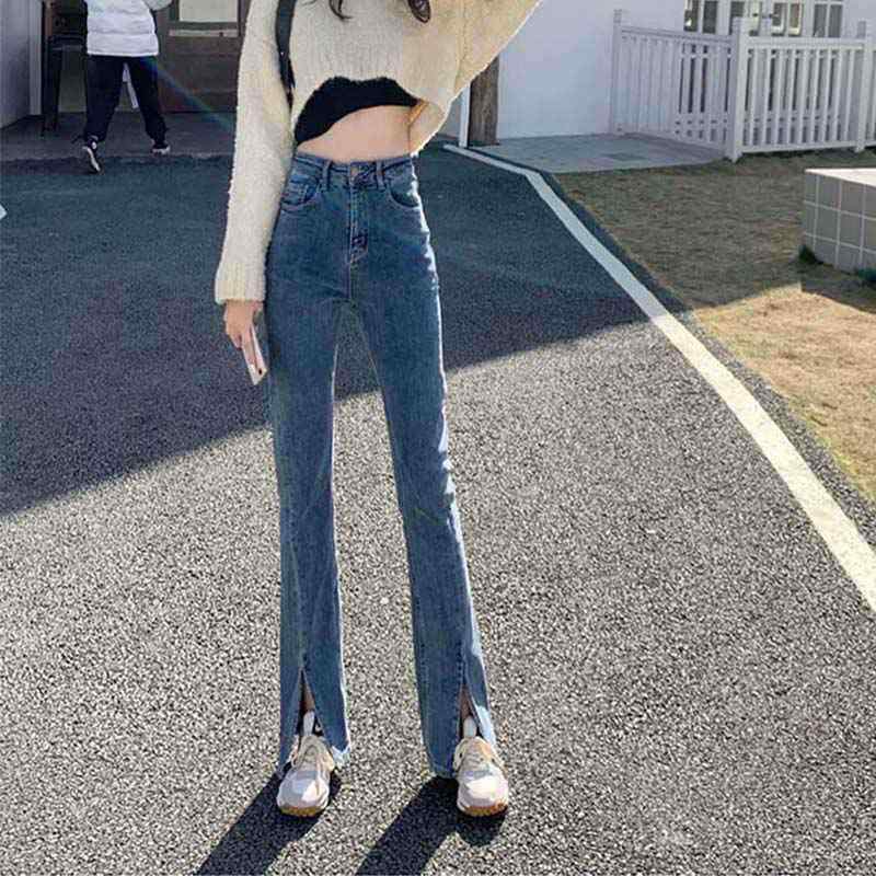 Long Pants - デニムパンツ 女性用 韓国 レトロ ストレート 高腰 伸縮性 牛仔 スリム ワイドレッグ スリット フレア ロング 潮 普段使い 軽量 通勤 通学 秋冬 カジュアル スタイル デイリー コーデ 快適 フィット