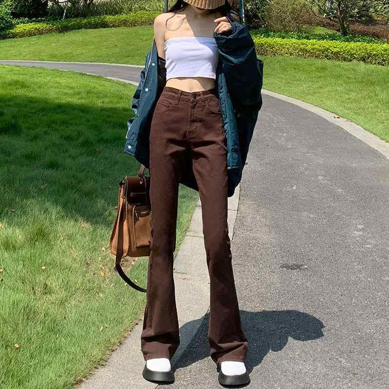 Long Pants - デニムパンツ 女性用 マイクロフレア 高腰 スリム 秋 ヴィンテージ レトロ 辣妹スタイル ロングパンツ 切り替え ストレッチ 吸湿速乾 ブラウン アイボリー ブラック 通勤 普段使い アウトドア 軽量 再生繊維
