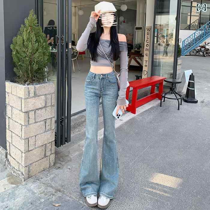 Cropped Pants - デニムパンツ 女性用 春夏 ライトブルー ハイウエスト 微喇形 ロング丈 切り替えデザイン 伸縮性 吸湿速乾 普段使い 通勤用 軽量 スリムシルエット カジュアルスタイル