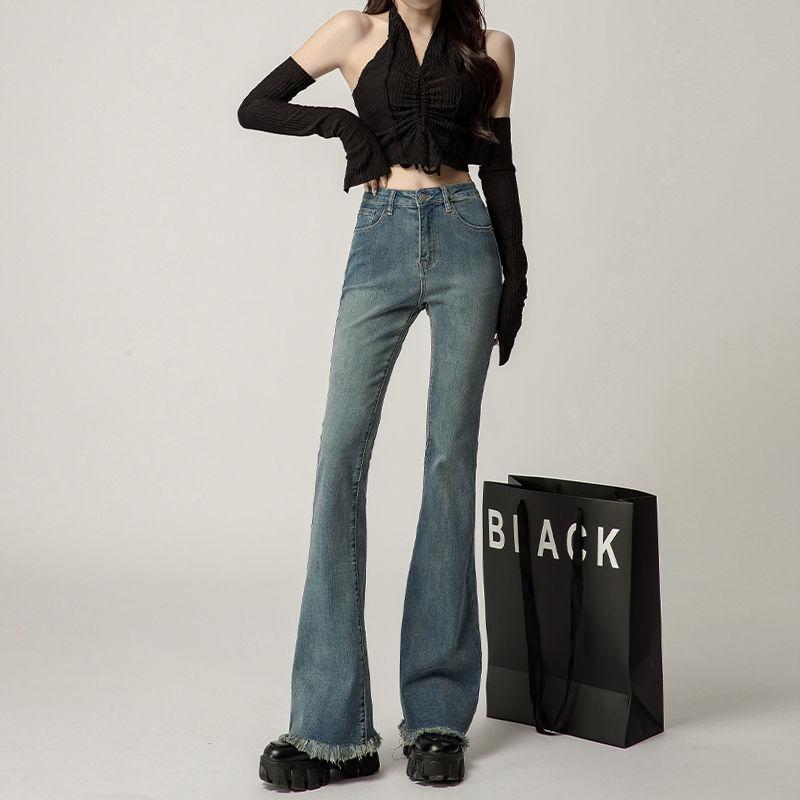 乐天商城 - レディース デニムパンツ ビンテージ ブルー マイクロフレア スリムフィット スリミング フレアパンツ 春夏 高腰 デニム 毛羽立った裾 ホースシュー 普段使い 伸縮性 通勤用 軽量 ブルー系 ハイウエスト ビッグシルエット カジュアル