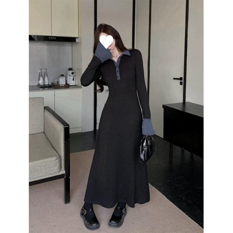 Rakuten - ロングドレス 女性用 秋冬 ブラック ポロカラ コート インナー スリムフィット ウエストシェイプ 気質 レイヤード ロングスカート 暖か スタイリッシュ レイヤリング トップス ミドル丈 コットン混 ストレッチ フィット感 ベーシックスタイル
