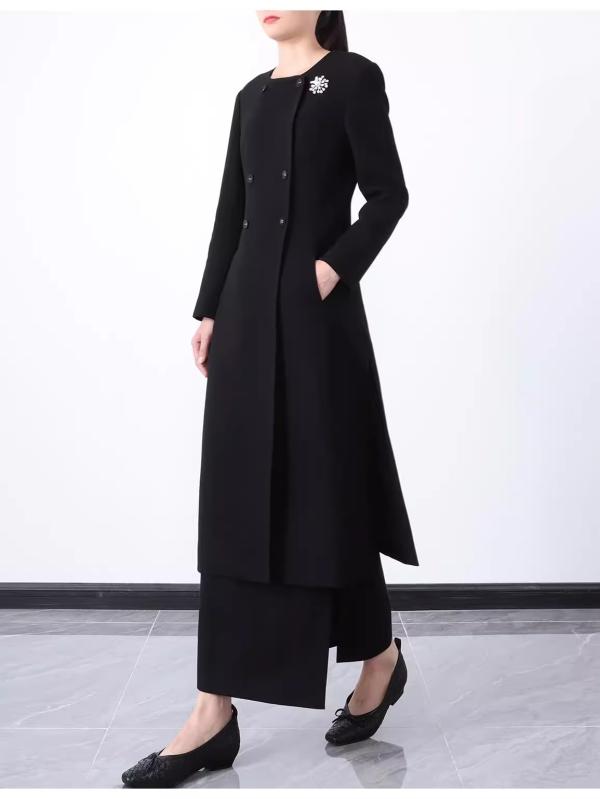 其它 - コート ドレス クラシック 厚手 羊毛 合い クリンプ ダブルブレスト ロングコート ワンピース 女性用 秋冬 暖か コットン混 ウール調 ゆったりシルエット 膝丈 ブラウン系 ベージュ系 デイリーウェア 通勤スタイル 軽量 伸縮性