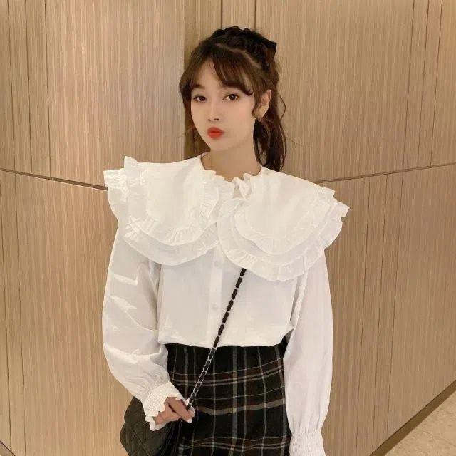 シャツ 女性用 春夏 長袖 フレンチスタイル ホワイト デザイン性 個性的 ダブルレイヤー フリル 袖口 ドールカラー ゆったり トップス 軽量 綿素材 普段使い 通勤 ブラウス