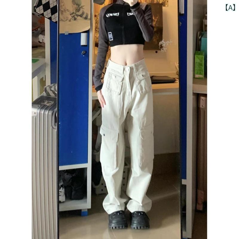 乐天商城 - レディース カーゴパンツ メンズ 復古 ワークウェア 高腰 ストレート ワイドレッグ マルチポケット 軽量 伸縮性 コットン混 デニム調 ブラック グレー 夏 普段使い アウトドア 膝下丈 スリムフィット 脚長効果