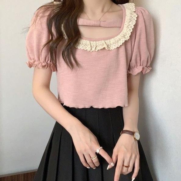 乐天商城 - ブラウス レディース かわいい レース 花柄 フリル 袖 スクエアネック トップス 学生服 春夏 女性用 柔らかい 素材 軽量 伸縮性 ピンク アイボリー 普段使い 通学