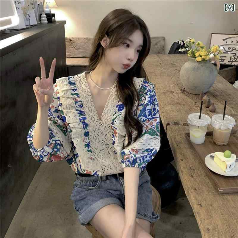 レディース 長袖 シャツ トップス 春夏 春 かわいい 減龄 レース 切り替え Vネック デザイン 個性 ブラウス シャツ 女性用 フレア フリル 花柄 コットン 混紡 軽量 通勤 普段使い インナー riverpaddy-11204667 リバーパディ サンプル画像2