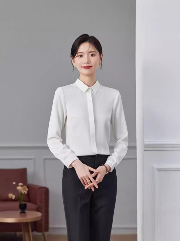 Rakuten - シャツ レディース 長袖 開襟 秋冬 立襟 垂感 リボン 蝶結び トップス 職業服 通勤用 女性用 軽量 伸縮性 吸湿速乾 コットン混 ハイネック Vネック ブラック グレー ピンク系 アイボリー カジュアル ビジネス シルク調 再生繊維 接触冷感 ビッ