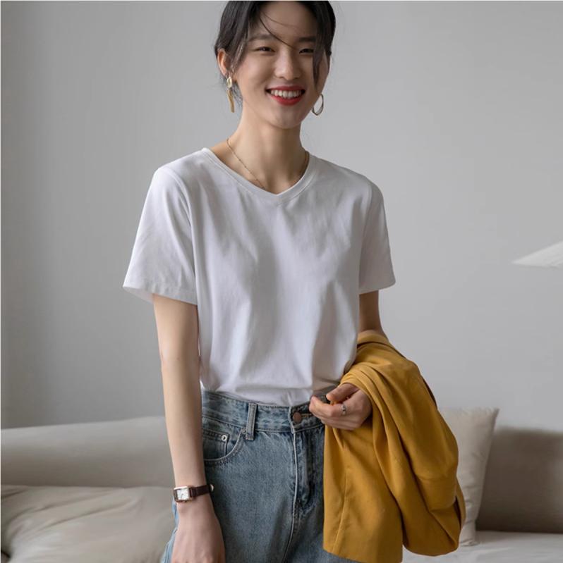 尺八 - トップス 女性用 半袖 Vネック Tシャツ インナー 純棉 接触冷感 吸湿速乾 春夏 軽量 白色 肩正 切り替え ビッグシルエット 通勤 普段使い