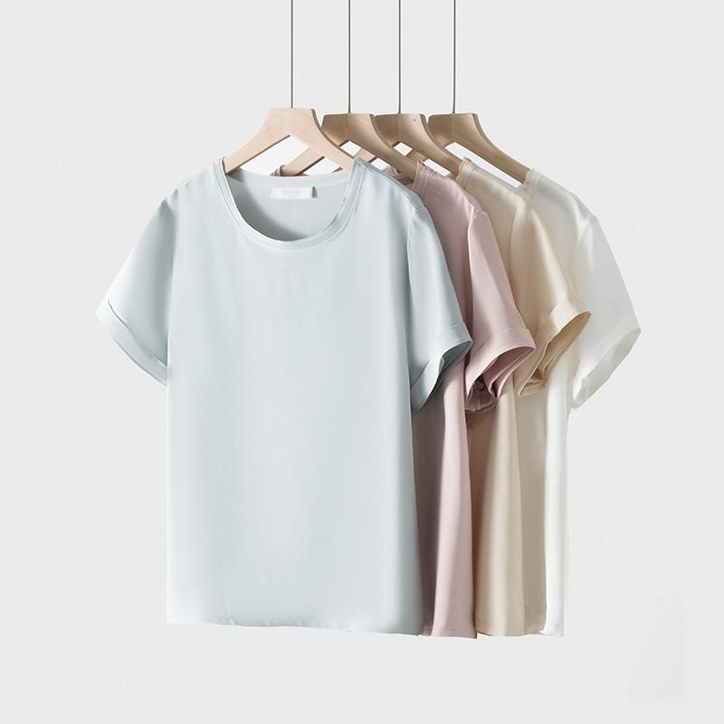 T-Shirts - Tシャツ 女性用 短袖 純色 桑蚕糸 真丝 再生繊維 接触冷感 日常 休闲 通勤 シンプル スリム トップス 吸湿速乾 軽量 伸縮性 ブラック ホワイト グレー 春夏 秋 ユニセックス