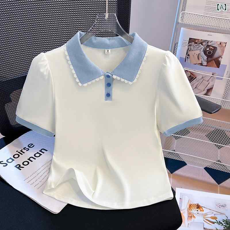 Women's Clothing - Tシャツ トップス 少女用 修身 短袖 学院 夏 春夏 学生服 初中高中 短丈 上衣 かわいい 吸湿速乾 軽量 綿素材 カジュアル 普段使い 通学 ビッグシルエット Vネック ピンク系 アイボリー