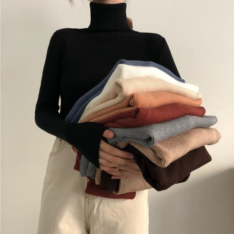 Garments - トップス ニット セーター 秋冬 韓国 スタイリッシュ フィット 高め襟 長袖 女性用 インナー トップス 暖か 柔らかい コットン混 普段使い レイヤード ベーシック ブラック グレー ベージュ