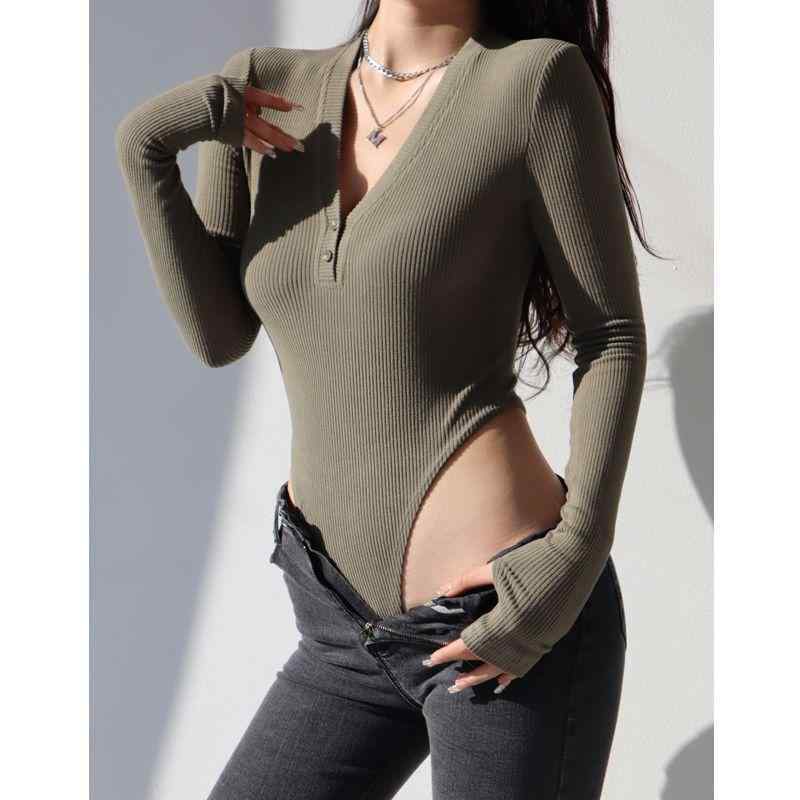 Garments - トップス レディース 春夏 復古 スリムフィット Vネック ボタン インナー コットン混 切り替え デザイン 露出腰 ボディスーツ かわいい 伸縮性 軽量 通勤 普段使い ブラック ピンク系 アイボリー