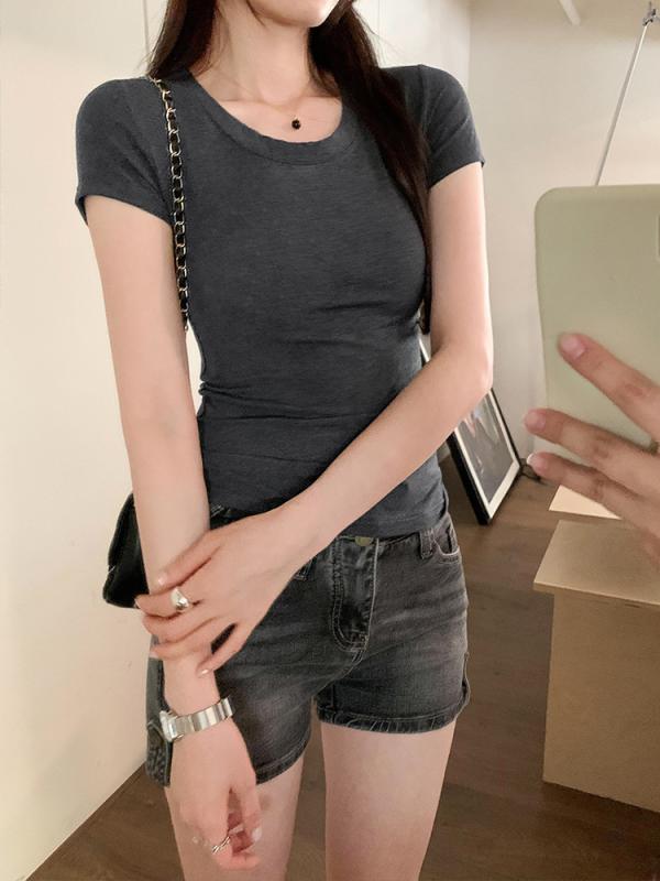 Three-Quarter - Tシャツ 女性用 夏 修身 肩幅正しい 短袖 トップス 気質 モダン シルエット 吸湿速乾 軽量 コットン混 ブラック ホワイト ピンク系 ビッグシルエット Vネック 通勤用 普段使い かわいい カジュアル 春夏 秋