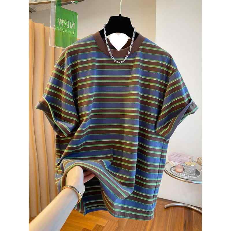 乐天商城 - Tシャツ レディース 短袖 春夏 復古 ストライプ 韓国 ルーズ スリム 百搭 ラウンドネック プルオーバー トップス カットソー コットン 軽量 吸湿速乾 通勤 普段使い カジュアル
