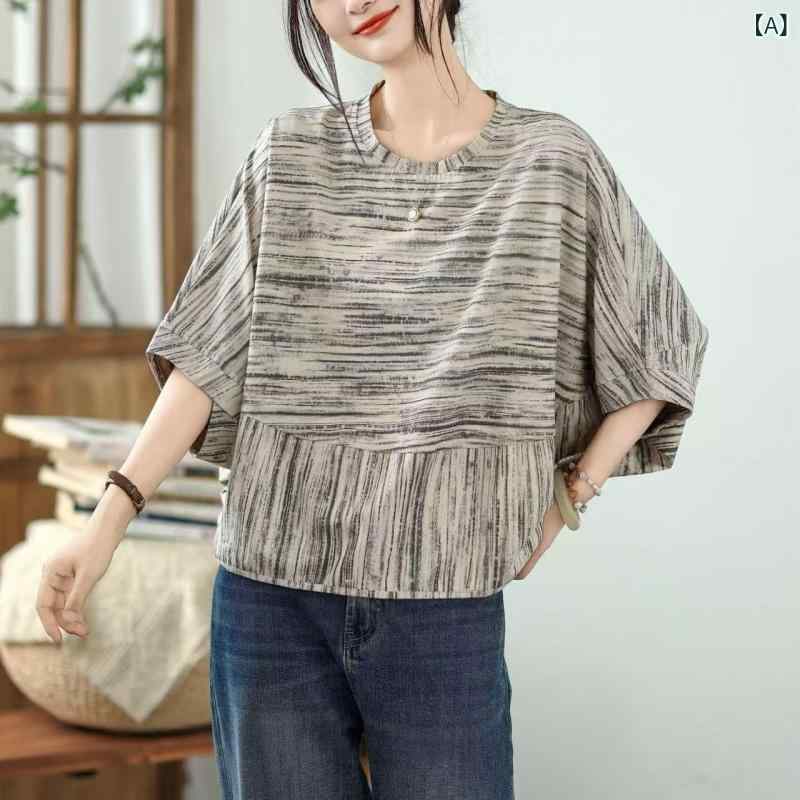 Rakuten - トップス レディース ゆったり ルーズフィット 丸首 プルオーバー トップス 女性用 ヴィンテージ ストライプ バットスリーブ ティーシャツ 伸縮性 コットン 素材 カジュアル 普段使い 肩幅カバー ゆったりシルエット