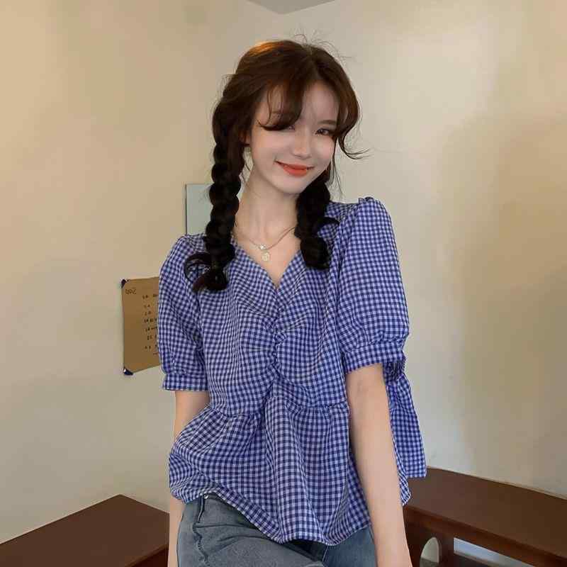 Tシャツ 女性用 夏 春夏 Vネック チェック柄 泡泡袖 短袖 短丈 ゆったり トップス カジュアル 吸湿速乾 軽量 かわいい 普段使い 通勤 ストリートファッション ピンク系 ブラック