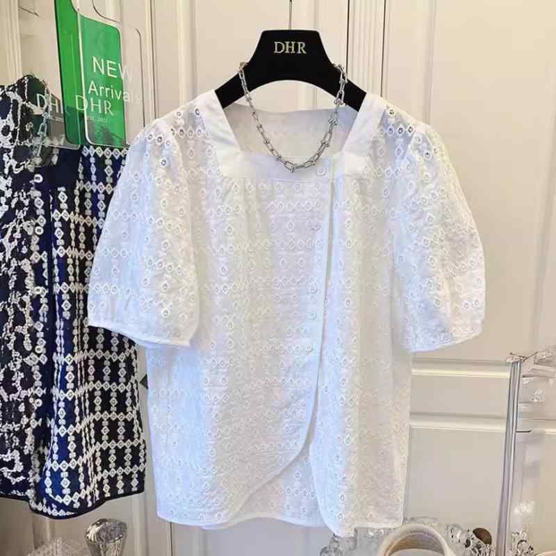 乐天商城 - トップス 女性用 刺繍 花柄 開き フレアスリーブ 半袖 シャツ ブラウス 気質 ゆったり デザイン 春夏 軽量 綿混 接触冷感 吸湿速乾 カジュアル 普段使い 通勤