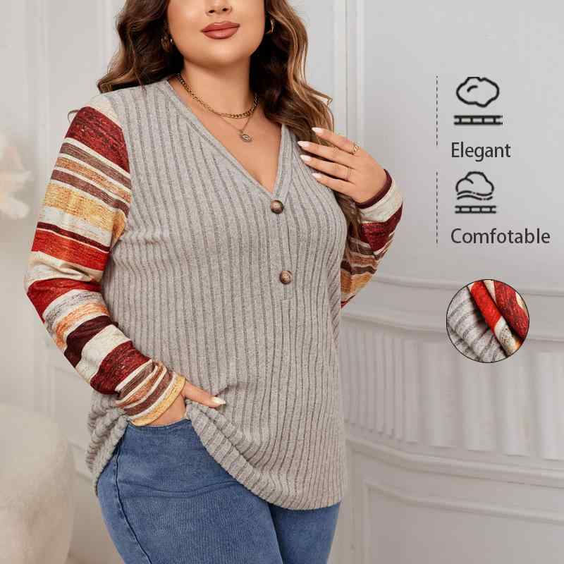 T-Shirts - レディース トップス シャツ Vネック 条紋 切り替え 長袖 秋冬 厚手 暖か コットン混 ゆったり 大きいサイズ ファッション ブラウス ニット ストレッチ カジュアル 普段使い 通勤 レイヤード