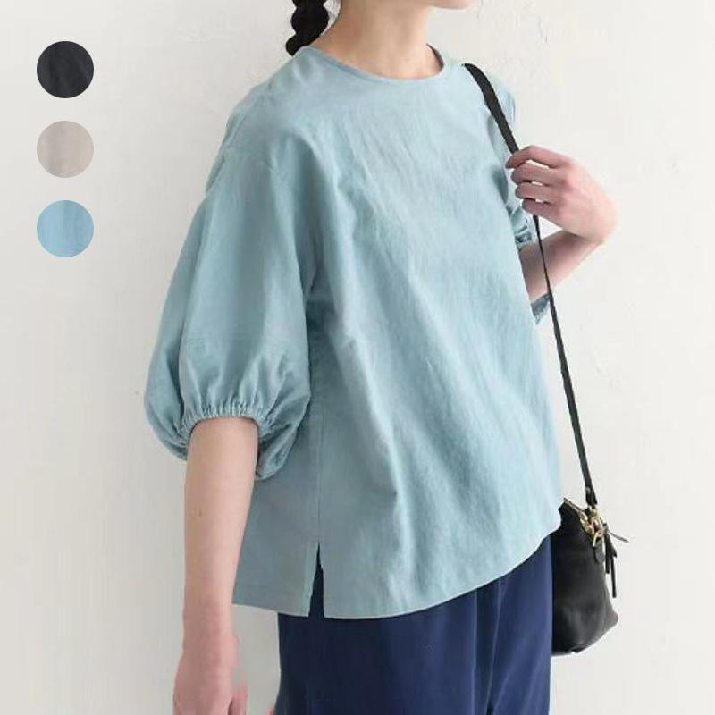 Rakuten - レディース 春夏 トップス 純色 綿麻 半袖 Tシャツ 女性用 ゆったり 涼しい 通気性 泡泡袖 シャツ 軽量 吸湿速乾 日常使い カジュアル ブラウス ビッグシルエット 接触冷感 部屋着 ベーシック ピュアカラー ラウンドネック ソフト素材 シンプルデ