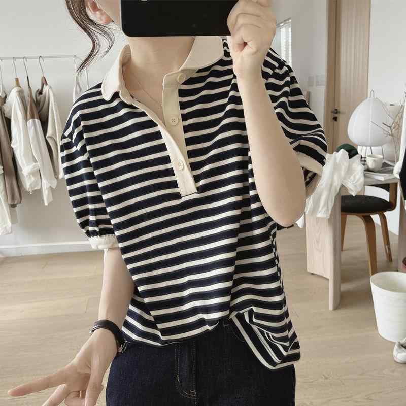 樂天商城 - Tシャツ 女性用 夏 春夏 トップス かわいい 綿 素材 接触冷感 軽量 伸縮性 吸湿速乾 泡泡袖 短袖 切り替え柄 ブラウス ルーズフィット スリムライン ビッグシルエット ラウンドネック 普段使い 通勤用 アウトドア ピンク系 アイボリー ブラック