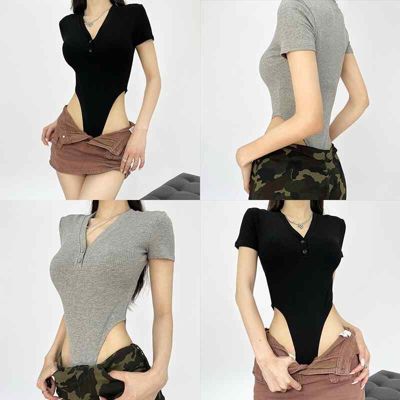トップス 女性用 セクシー Vネック 修身 短袖 収腰 連体 Tシャツ トップス 復古 ボタン デザイン リブ素材 フィット ボディスーツ インナー かわいい 伸縮性 コットン混 ブラック 春夏 通勤 普段使い