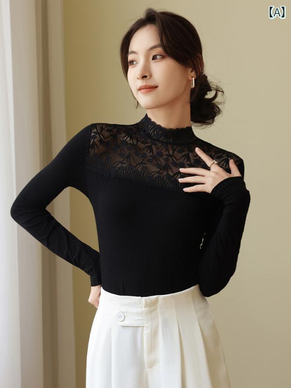 Rakuten - トップス 女性用 春夏 切り替え レース インナー 修身 フィット 白 ネット ロングスリーブ 高級感 洋気 軽量 伸縮性 吸湿速乾 通勤 普段使い