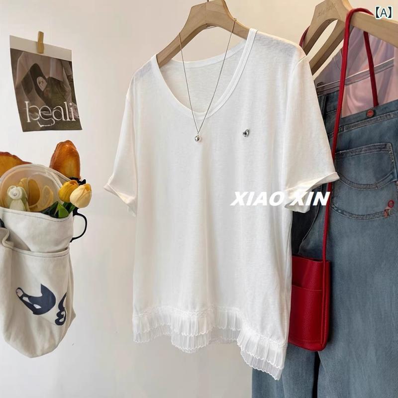 韓国 女性用 短袖 Tシャツ 春夏 薄手 軽量 伸縮性 接触冷感 ピンク系 ブラック アイボリー ビッグシルエット Vネック 切り替え チュー..