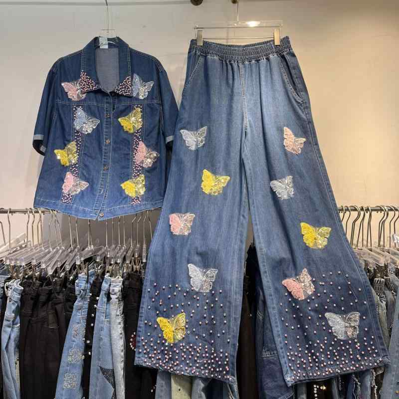 Other - レディース トップス シャツ 牛仔 デニム 女性用 痩せ見え 効果 蝶 刺繍 百搭 コーディネート 汎用 ブラウス シャツ メンズ ヘビー 工業 加工 メンズ シャツ レディース ボトムス パンツ ハイウエスト ストレート 筒 ズボン 伸縮 ウエス