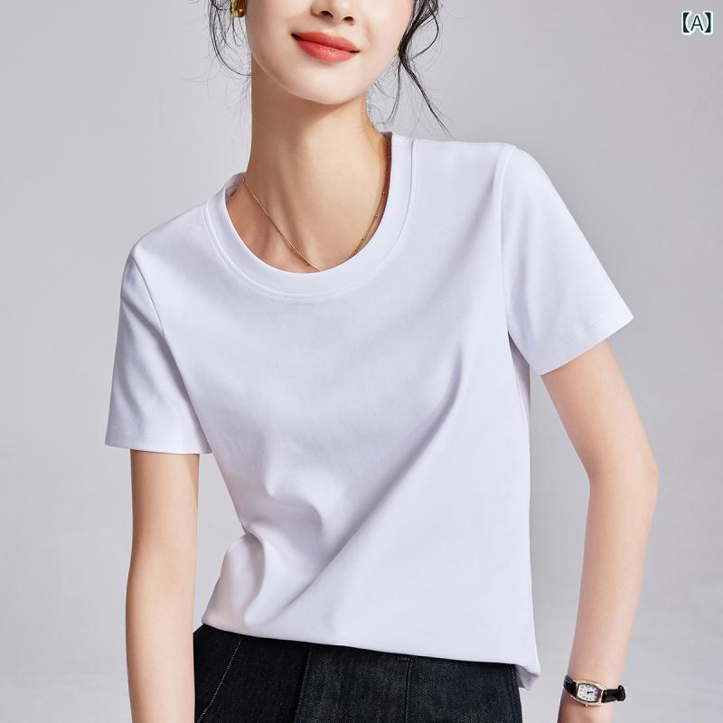Other - Tシャツ 女性用 春夏 シルクコットン 馬蹄襟 短袖 トップス 肩正 ボディフィット ワイドネック Uネック スリム 百搭 コットン混 軽量 通勤 普段使い ブラック ピンク系 アイボリー 吸湿速乾 伸縮性